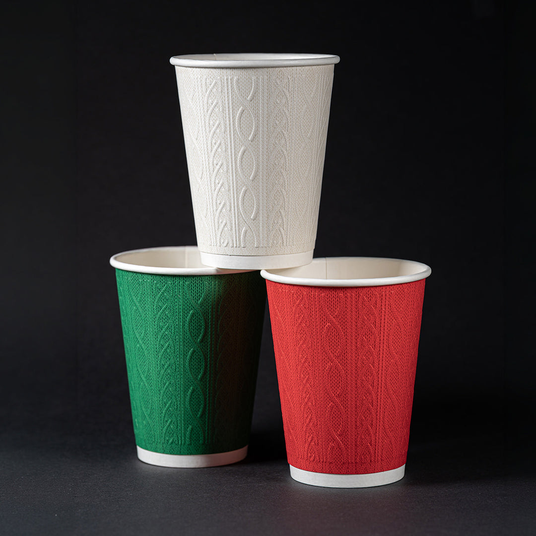 8oz - 80mm Diameter Festive Embossed Knit Double Wall Hot Cups – Red Green White Mixed Colours (1 x 500)