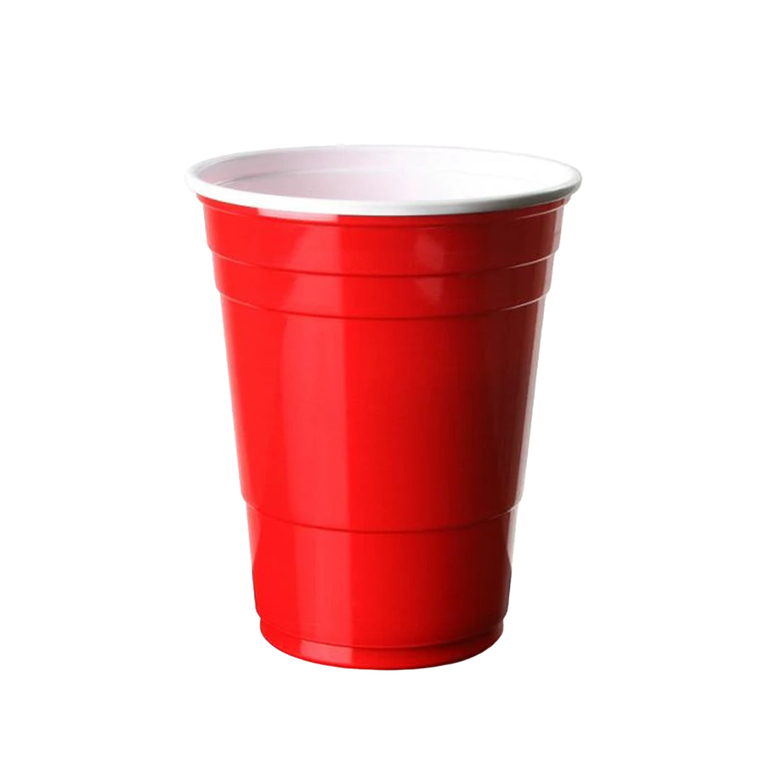 16oz red American party cup — disposable plastic cup ideal for parties, events, and cold beverages.
