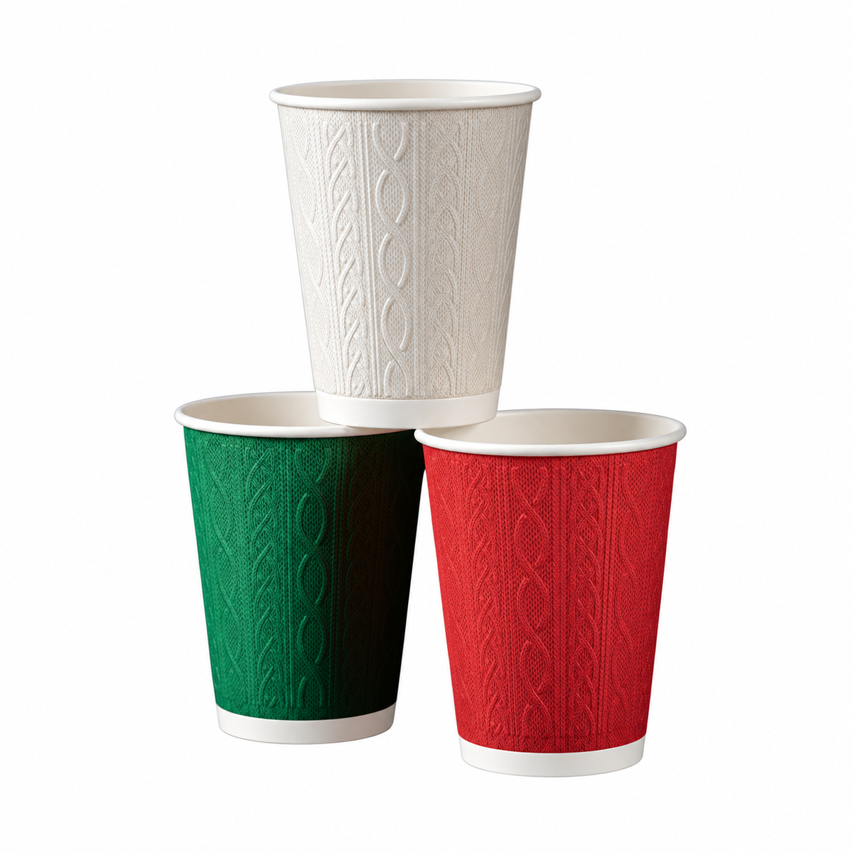 12oz - 90mm Diameter Festive Embossed Knit Double Wall Hot Cups – Red Green White Mixed Colours (1 x 500)