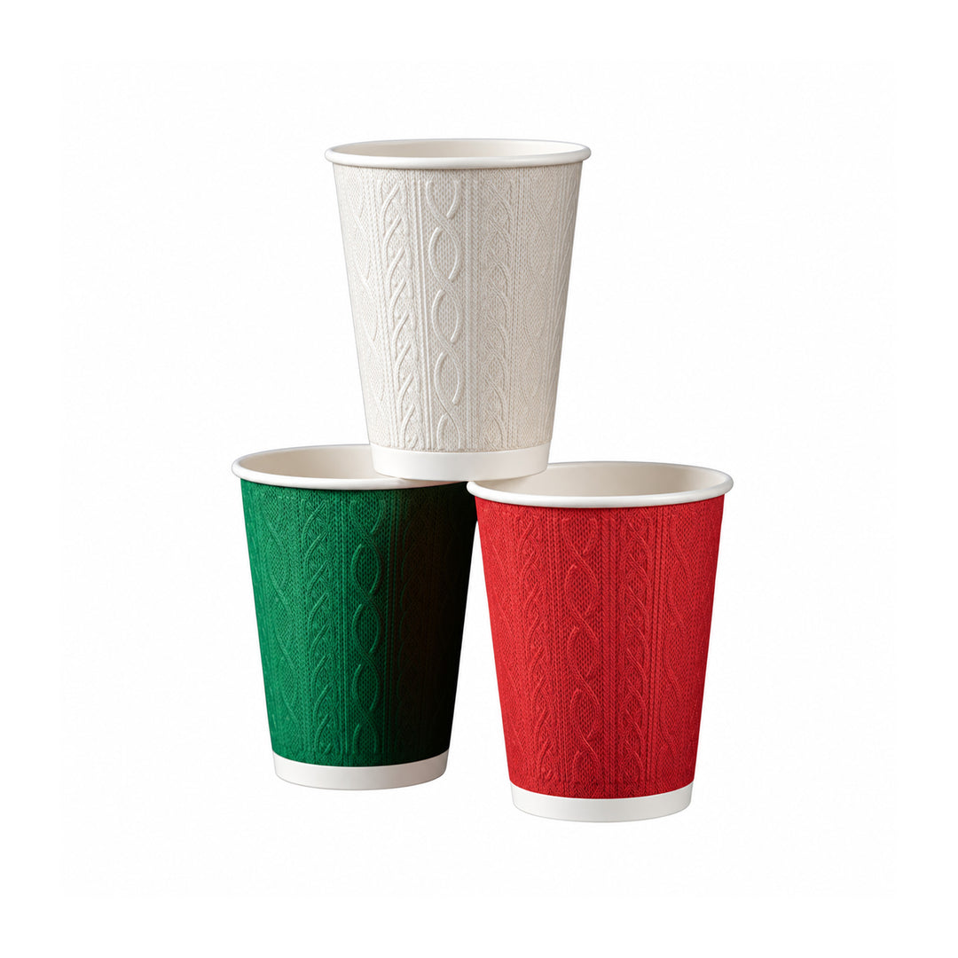 8oz - 80mm Diameter Festive Embossed Knit Double Wall Hot Cups – Red Green White Mixed Colours (1 x 500)