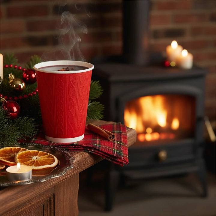 8oz - 80mm Diameter Festive Embossed Knit Double Wall Hot Cups – Red Green White Mixed Colours (1 x 500)