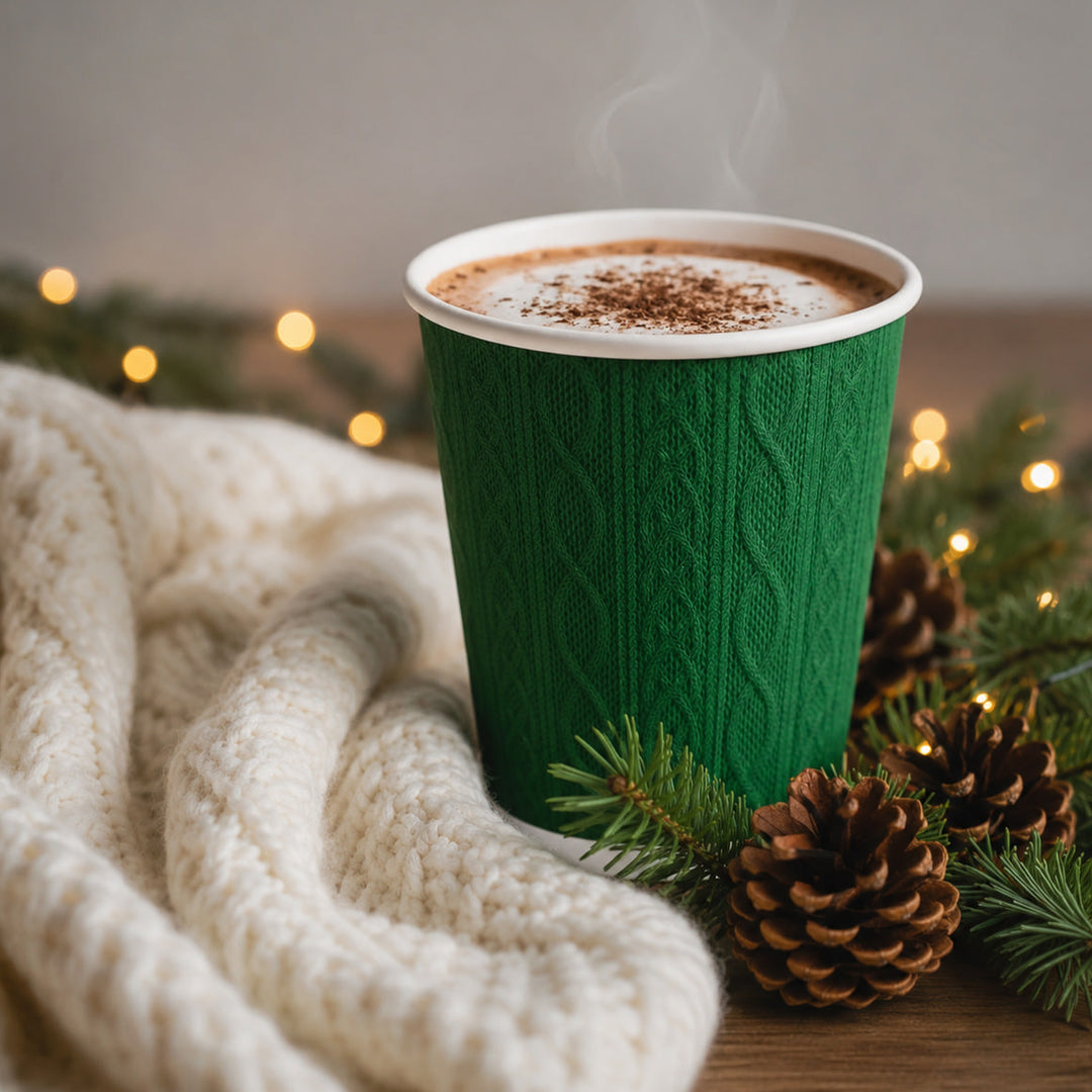 8oz - 80mm Diameter Festive Embossed Knit Double Wall Hot Cups – Red Green White Mixed Colours (1 x 500)