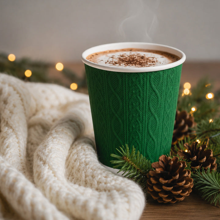 8oz - 80mm Diameter Festive Embossed Knit Double Wall Hot Cups – Red Green White Mixed Colours (1 x 500)