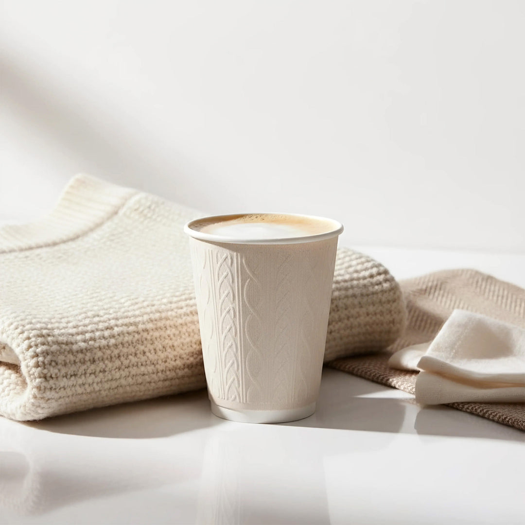 8oz - 80mm Diameter Festive Embossed Knit Double Wall Hot Cups – Red Green White Mixed Colours (1 x 500)