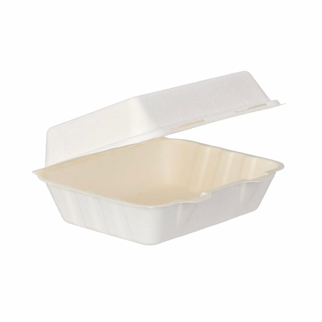 7.5x6x2.5 inch white bagasse clamshell box (250 pack) — compostable sugarcane fibre food container ideal for takeaway meals and hot food.