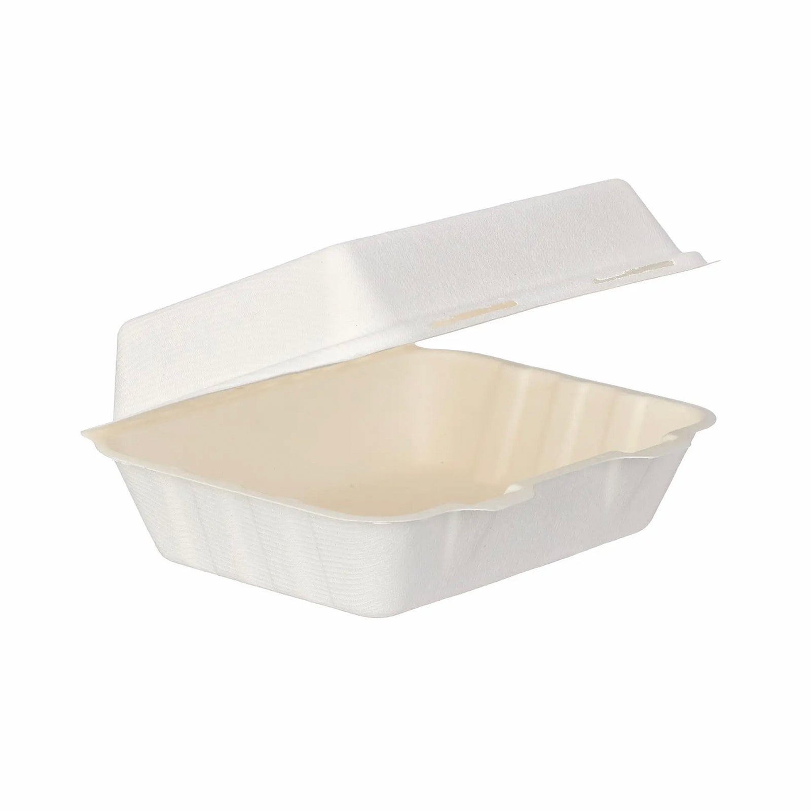 7.5x6x2.5 inch white bagasse clamshell box (250 pack) — compostable sugarcane fibre food container ideal for takeaway meals and hot food.