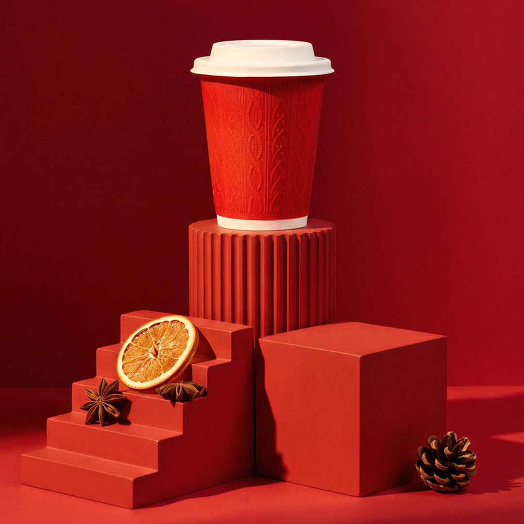 8oz - 80mm Diameter Festive Embossed Knit Double Wall Hot Cups – Red Green White Mixed Colours (1 x 500)