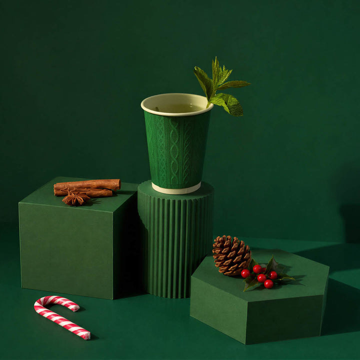 8oz - 80mm Diameter Festive Embossed Knit Double Wall Hot Cups – Red Green White Mixed Colours (1 x 500)