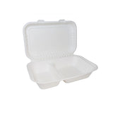 9" x 6" White Bagasse Clamshell Box 2 Compartments (1 x 200)