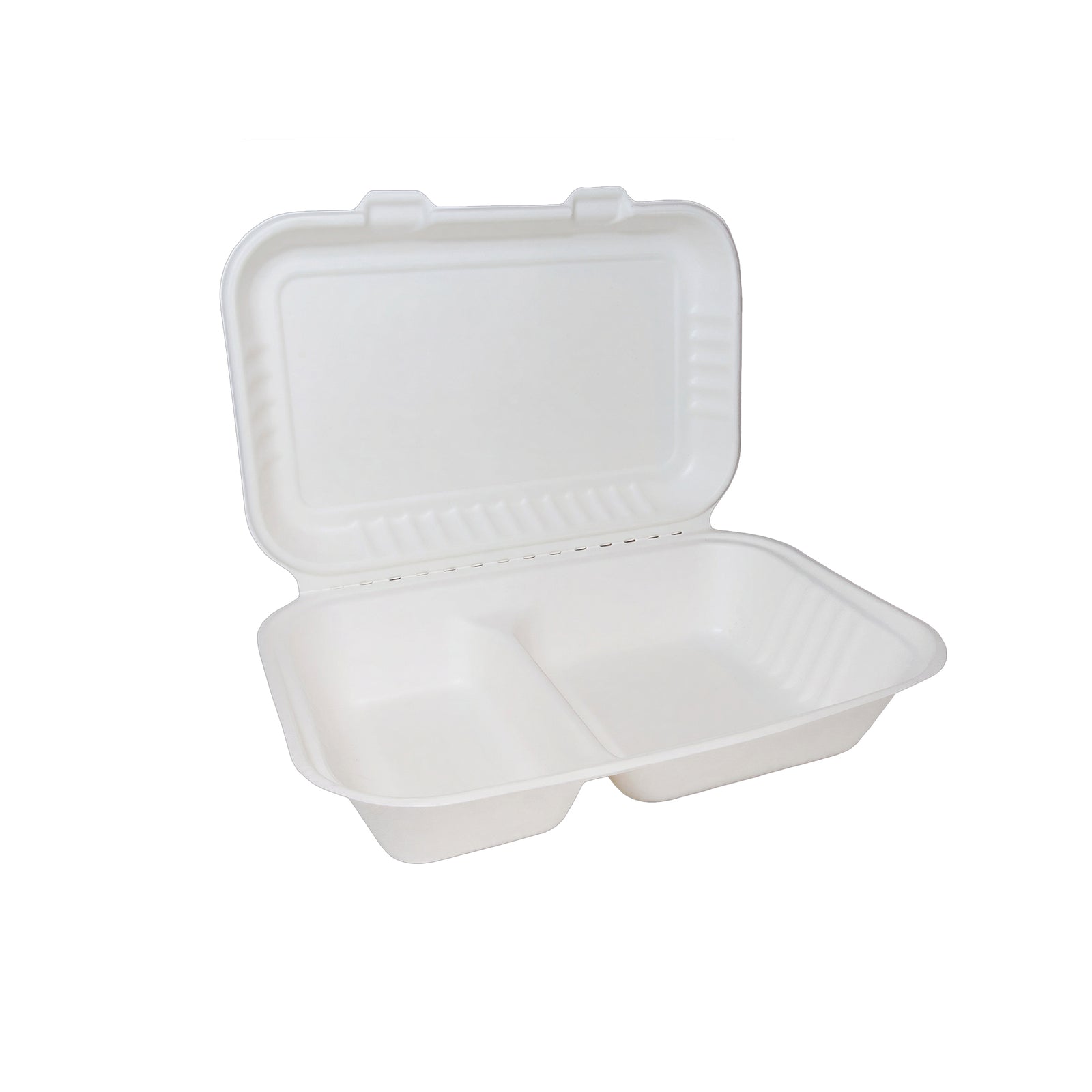 9x6 white bagasse clamshell box with 2 compartments (200 pack) — compostable takeaway container ideal for meals with separate main and side portions.