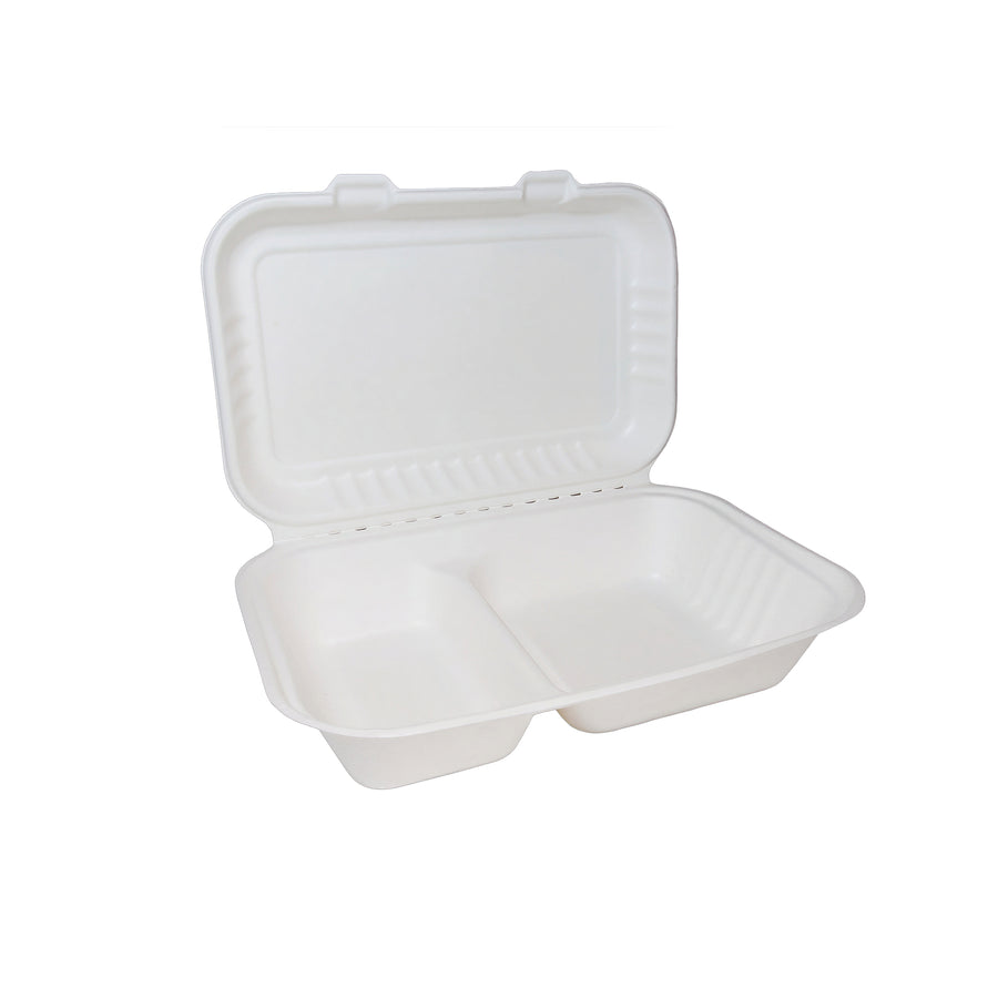 9" x 6" White Bagasse Clamshell Box 2 Compartments (1 x 200)
