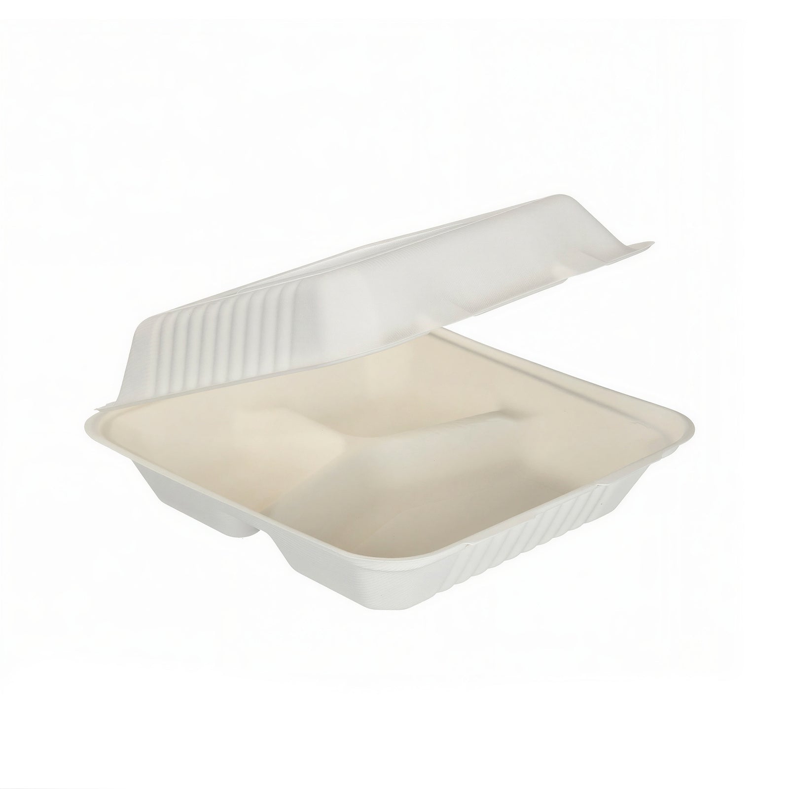 9x9 white bagasse clamshell box with 3 compartments (200 pack) — eco-friendly takeaway container ideal for separating main dishes and sides.