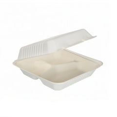 9" x 9" White Bagasse Clamshell Box 3 Compartments (1 x 200)