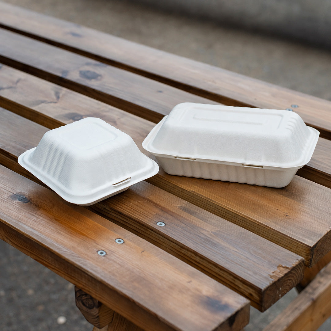 Big Portion Kit – 9" x 9" White Bagasse Clamshell Boxes (Plain &amp; 3 Compartment)