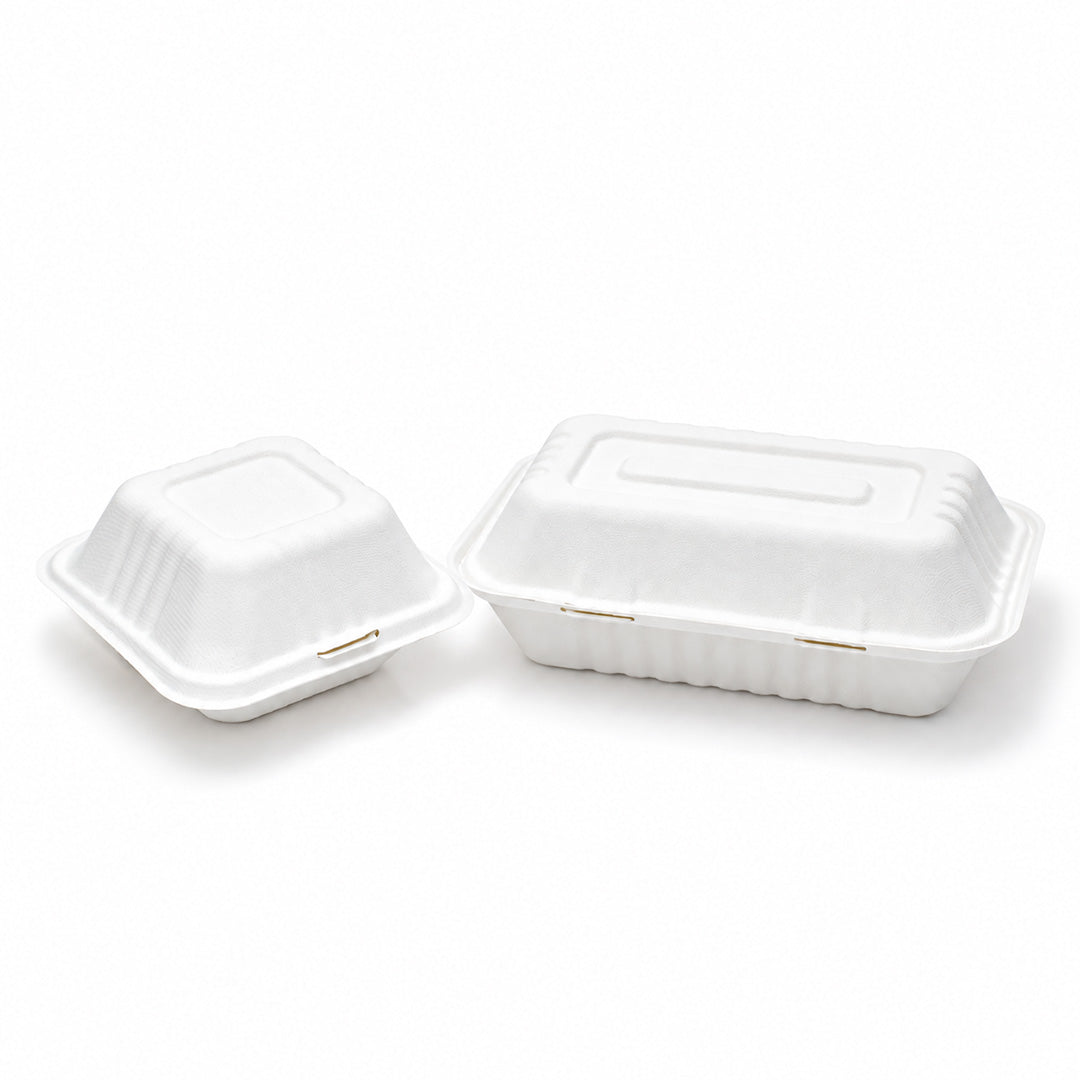 Big Portion Kit – 9" x 9" White Bagasse Clamshell Boxes (Plain &amp; 3 Compartment)