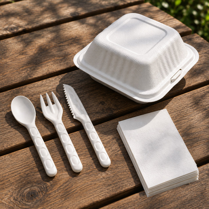 Everyday Service Kit – 6" x 6" Bagasse Clamshell, Cutlery &amp; Napkins