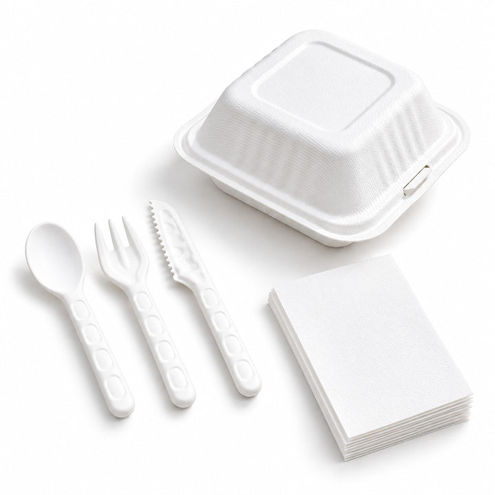 Everyday Service Kit – 6" x 6" Bagasse Clamshell, Cutlery &amp; Napkins