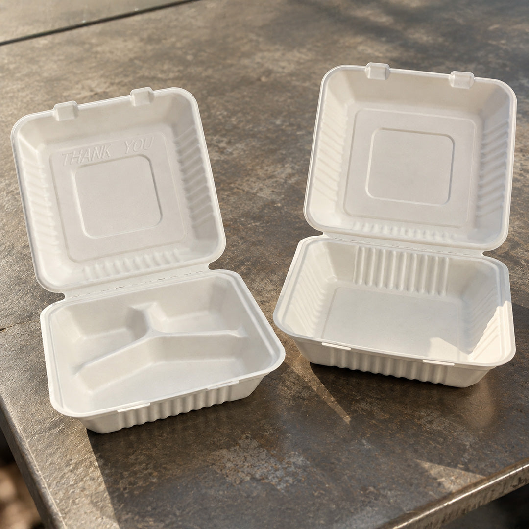 Takeaway Box Kit – 9" x 6" &amp; 6" x 6" White Bagasse Clamshell Boxes