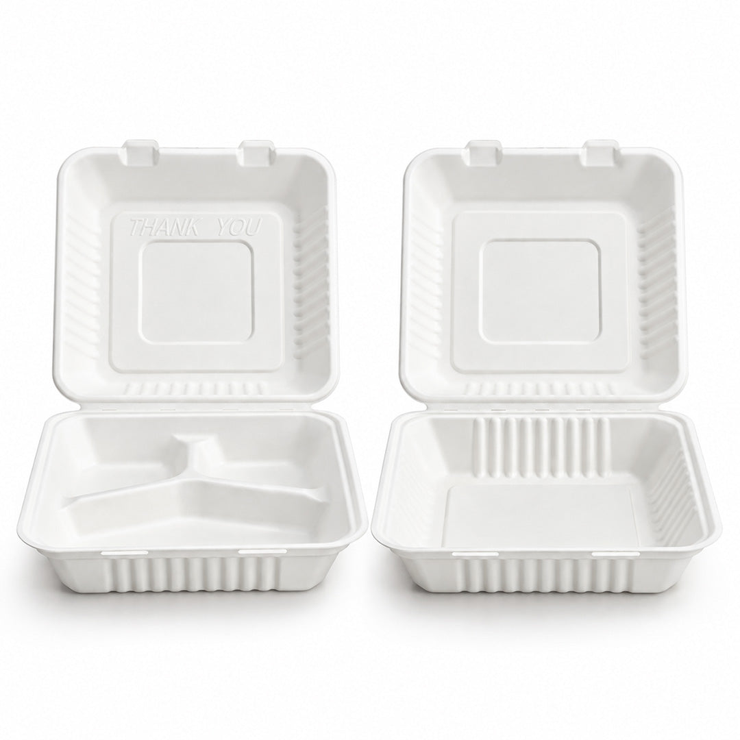 Takeaway Box Kit – 9" x 6" &amp; 6" x 6" White Bagasse Clamshell Boxes