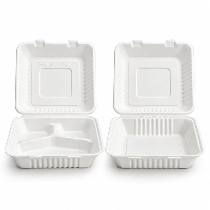 Takeaway Box Kit – 9" x 6" &amp; 6" x 6" White Bagasse Clamshell Boxes