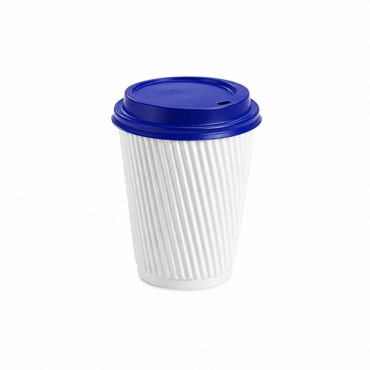 12oz - 90⌀ White Ripple Wall Hot Cup & Blue Cup Lids (1 x 1,000)