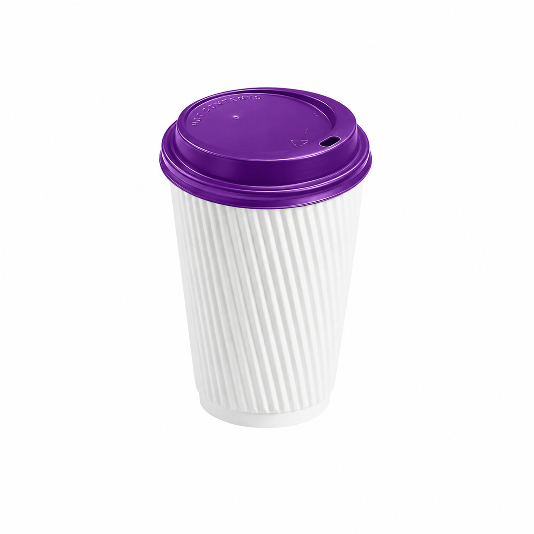 12oz - 90⌀ White Ripple Wall Hot Cup & Purple Cup Lids (1 x 1,000)