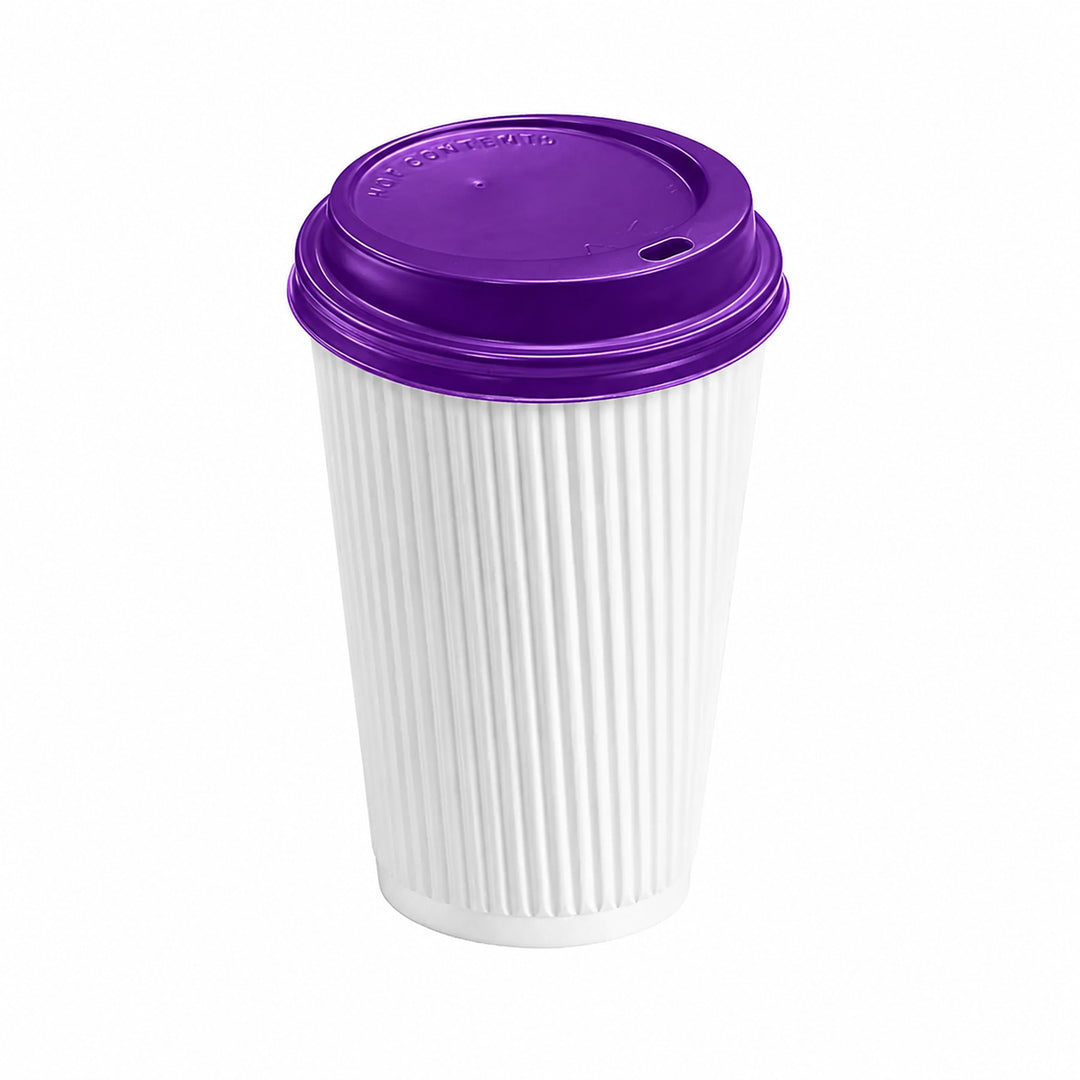 16oz - 90⌀ White Ripple Wall Hot Cup &amp; Purple Cup Lids (1 x 1,000)