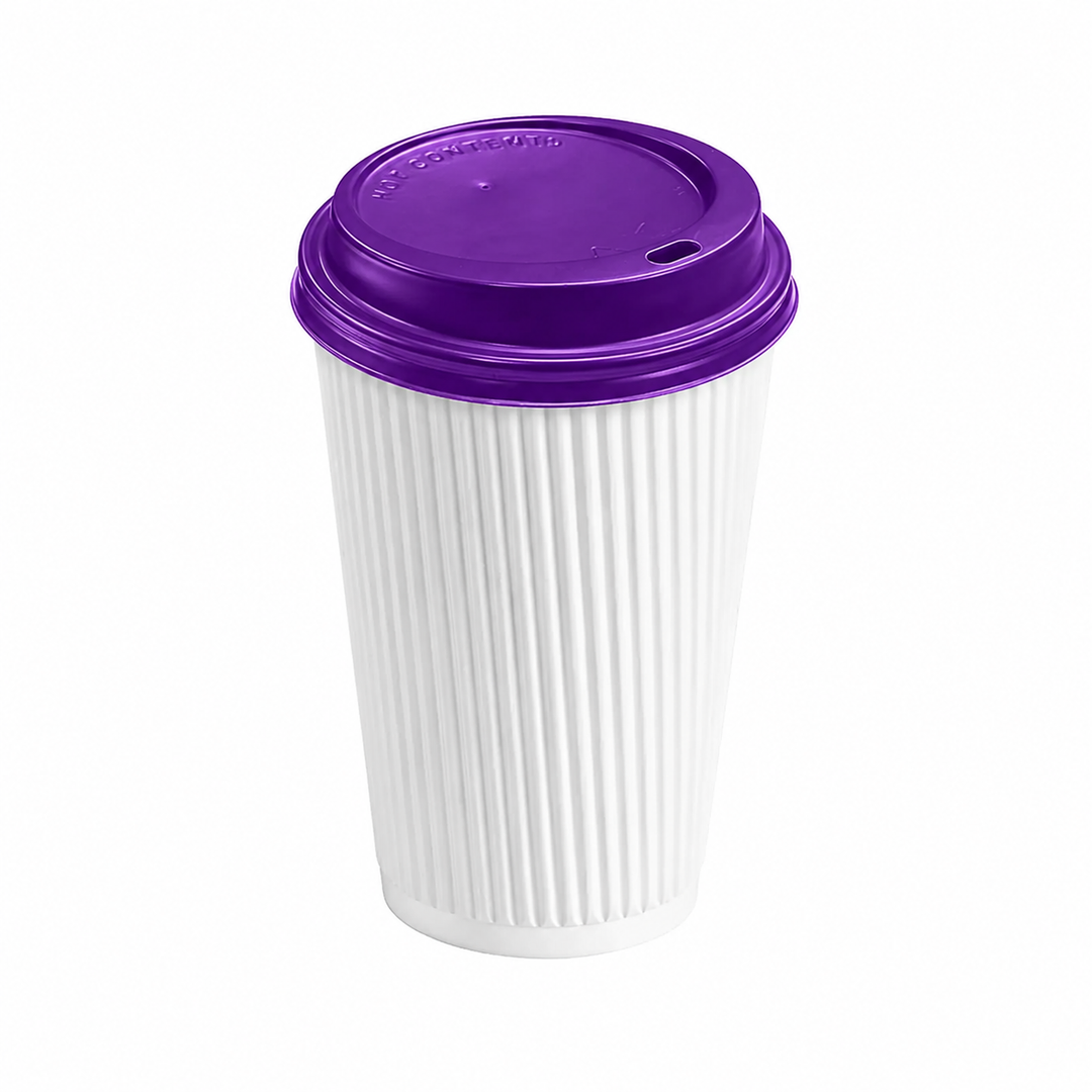16oz - 90⌀ White Ripple Wall Hot Cup & Purple Cup Lids (1 x 1,000)
