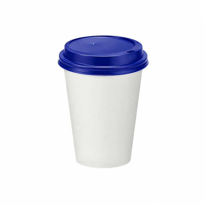 12oz - 90⌀ White Paper Single Wall Hot Cup &amp; Blue Cup Lids (1 x 1,000)