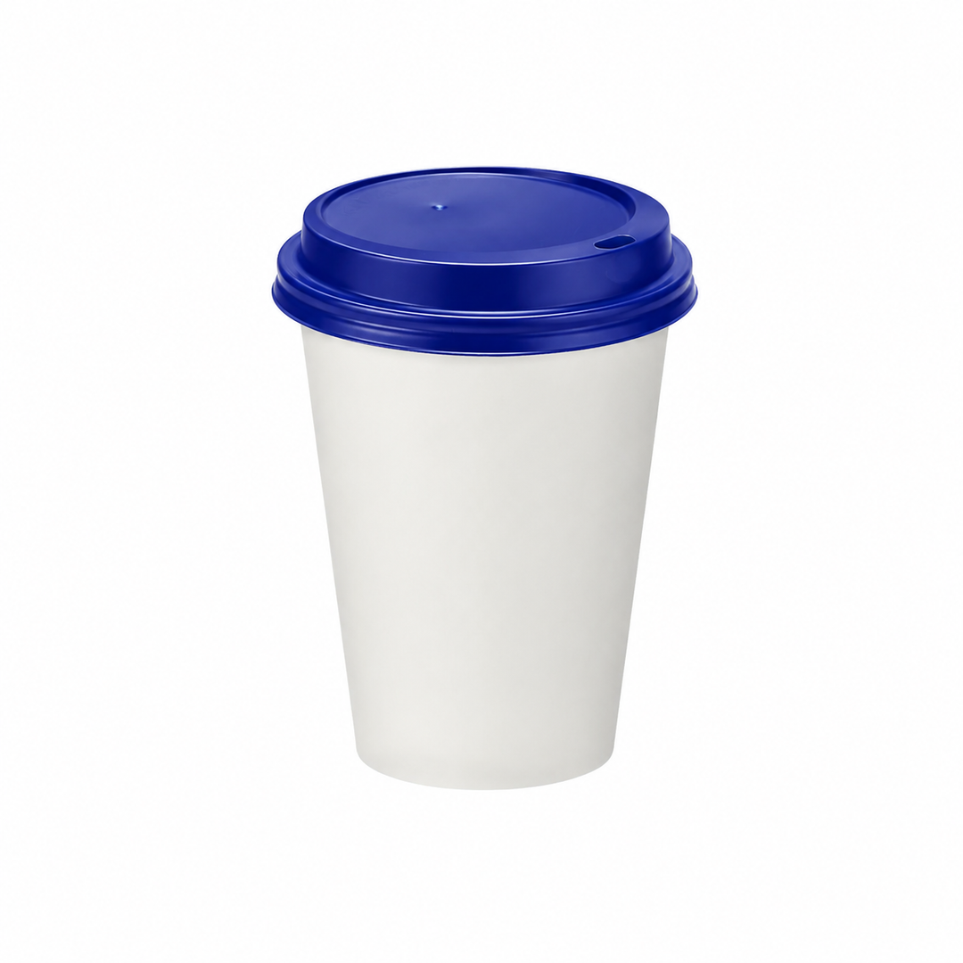 12oz - 90⌀ White Paper Single Wall Hot Cup & Blue Cup Lids (1 x 1,000)