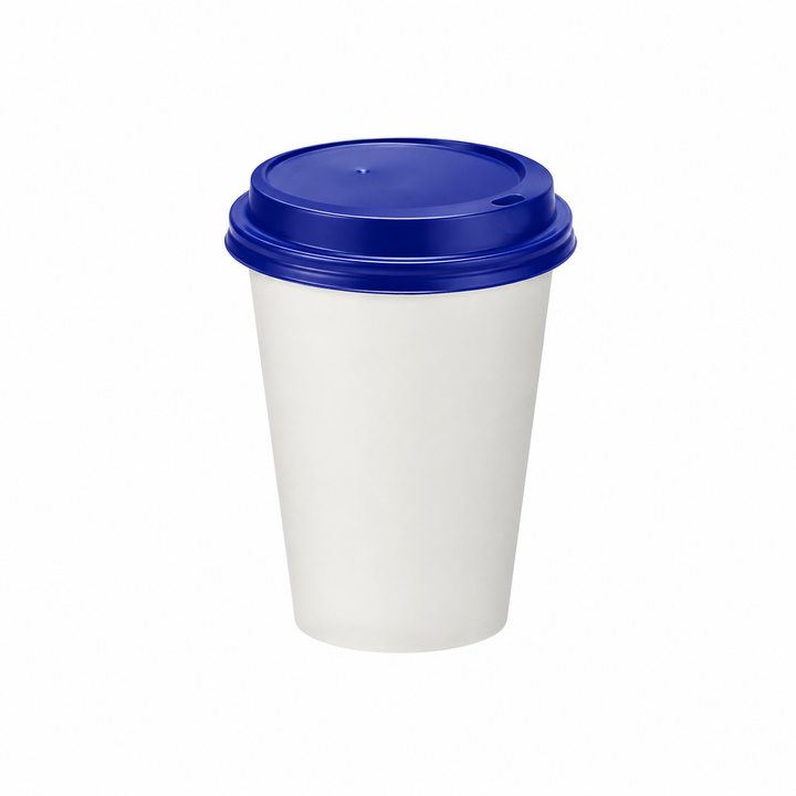 12oz - 90⌀ White Paper Single Wall Hot Cup & Blue Cup Lids (1 x 1,000)