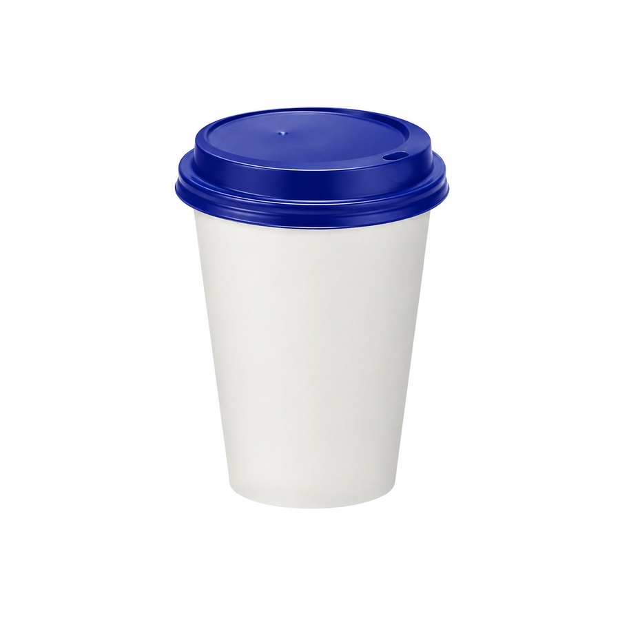 12oz - 90⌀ White Paper Single Wall Hot Cup & Blue Cup Lids (1 x 1,000)