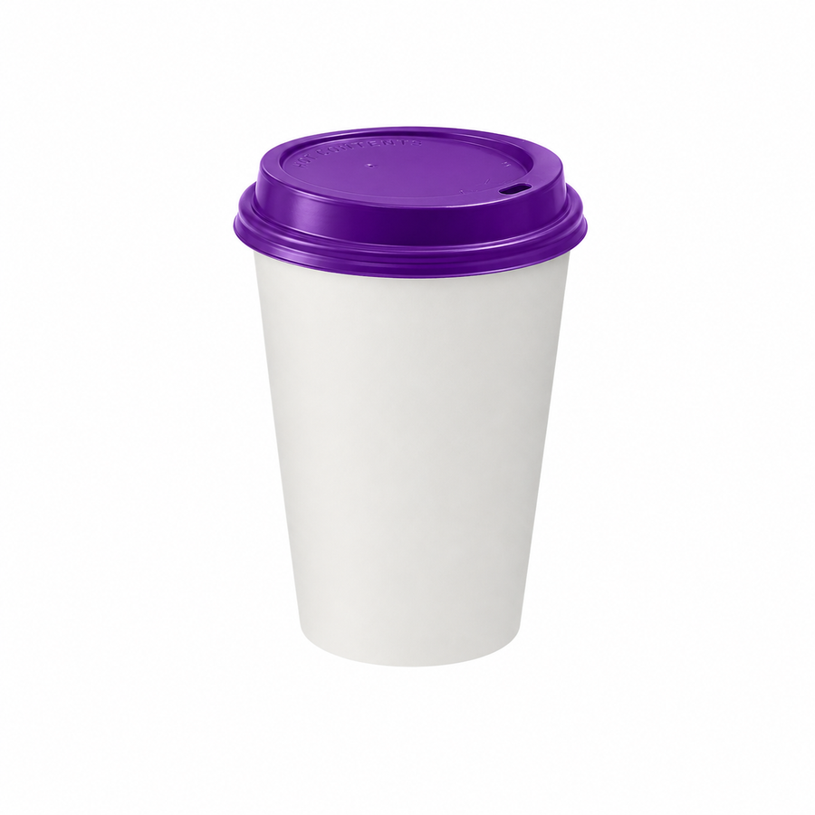 12oz - 90⌀ White Paper Single Wall Hot Cup & Purple Cup Lids (1 x 1,000)