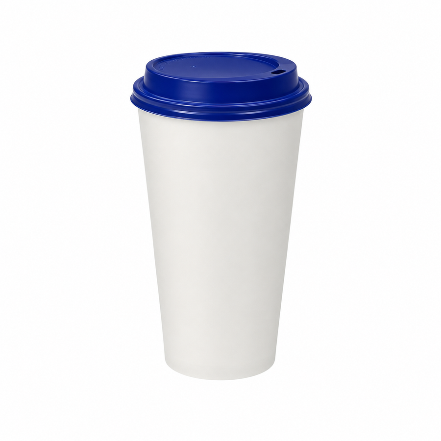 16oz - 90⌀ White Paper Single Wall Hot Cup & Blue Cup Lids (1 x 1,000)