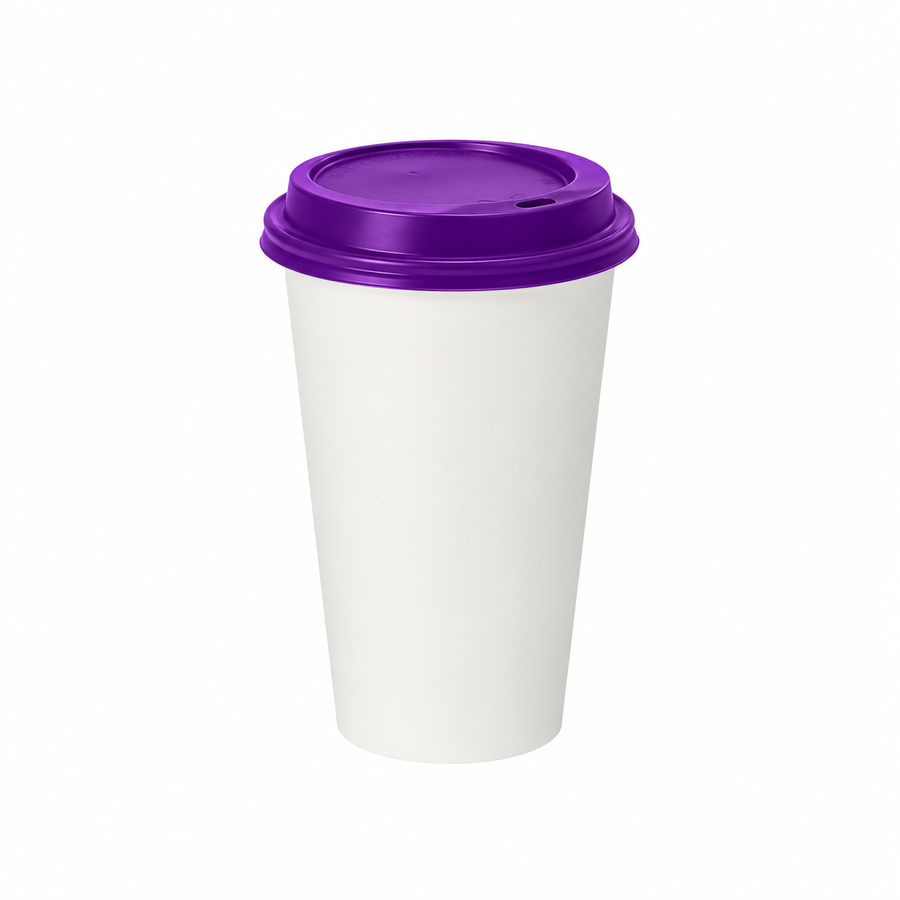 16oz - 90⌀ White Paper Single Wall Hot Cup & Purple Cup Lids (1 x 1,000)