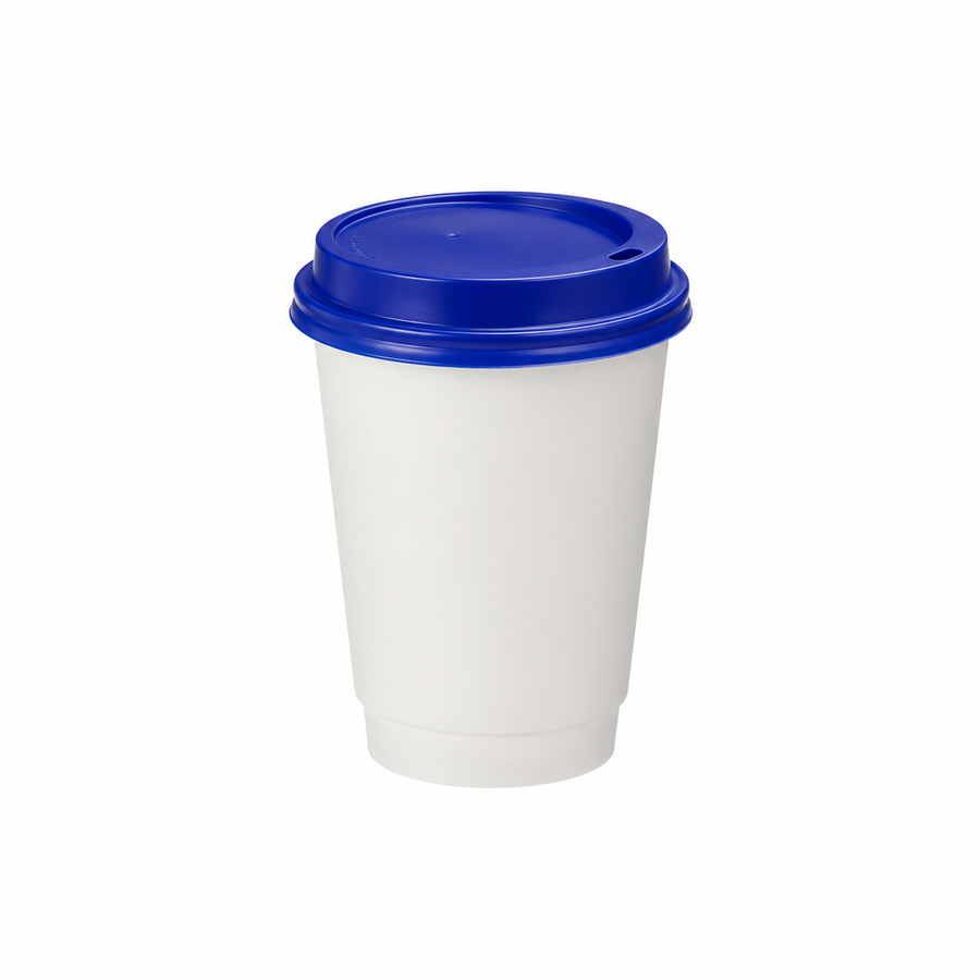 12oz - 90⌀ White Paper Double Wall Hot Cup & Blue Cup Lids (1 x 1,000)