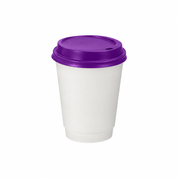12oz - 90⌀ White Paper Double Wall Hot Cup & Purple Cup Lids (1 x 1,000)