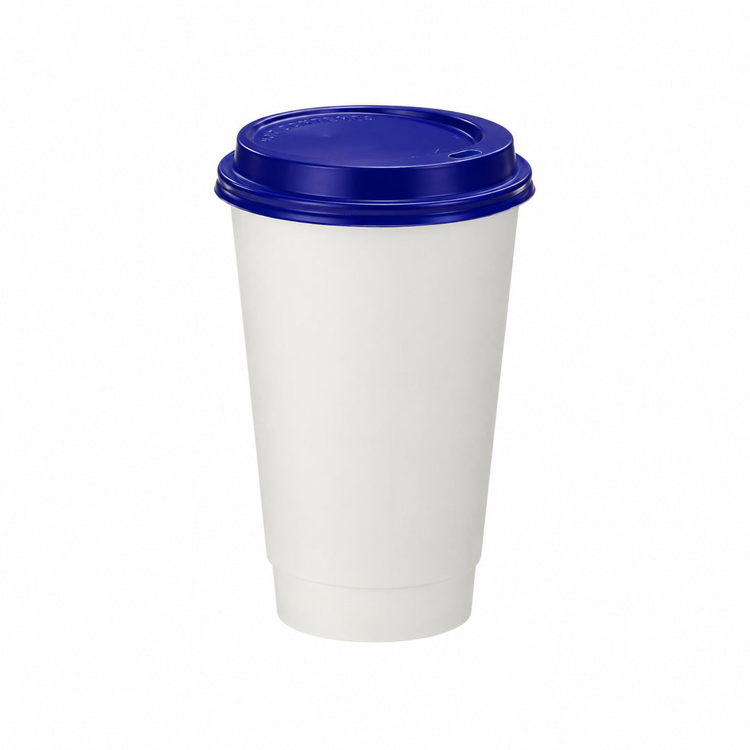 16oz - 90⌀ White Paper Double Wall Hot Cup &amp; Blue Cup Lids (1 x 1,000)