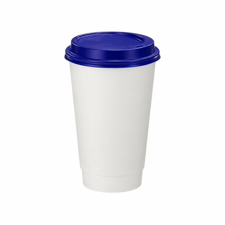 16oz - 90⌀ White Paper Double Wall Hot Cup &amp; Blue Cup Lids (1 x 1,000)