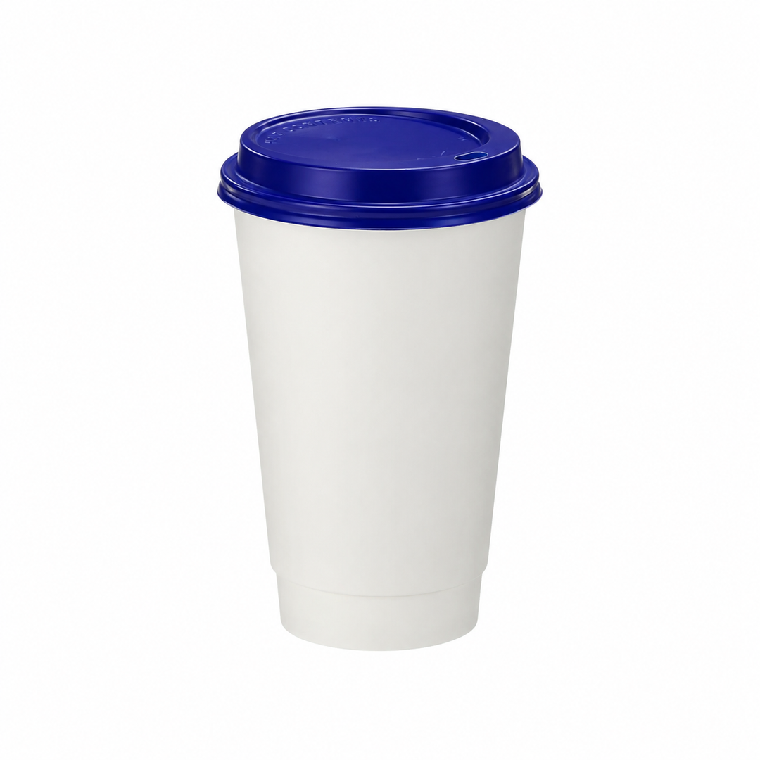 16oz - 90⌀ White Paper Double Wall Hot Cup & Blue Cup Lids (1 x 1,000)