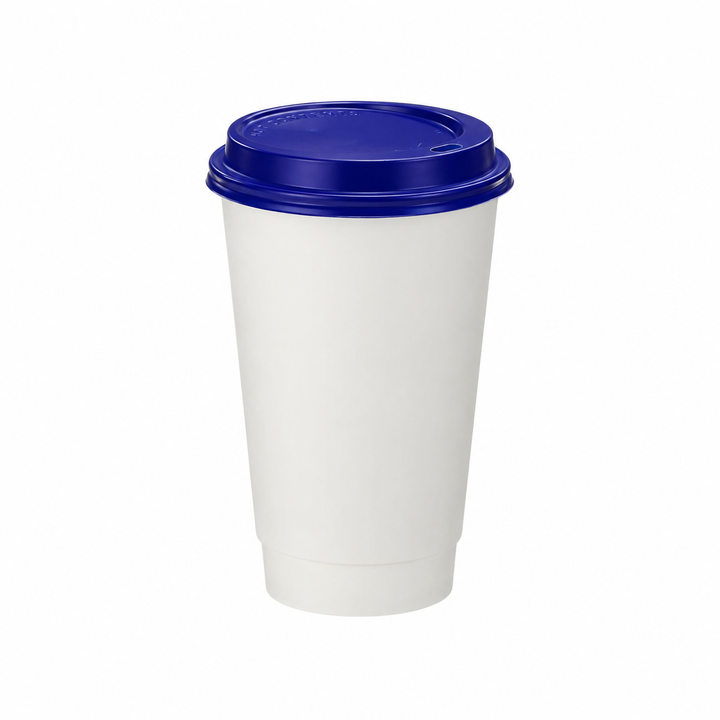 16oz - 90⌀ White Paper Double Wall Hot Cup & Blue Cup Lids (1 x 1,000)