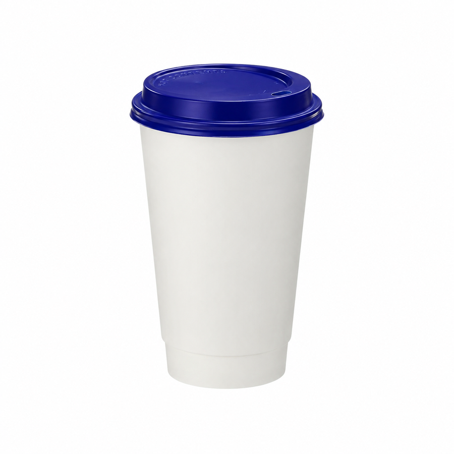 16oz - 90⌀ White Paper Double Wall Hot Cup & Blue Cup Lids (1 x 1,000)