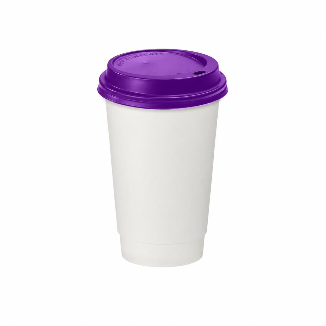 16oz - 90⌀ White Paper Double Wall Hot Cup & Purple Cup Lids (1 x 1,000)
