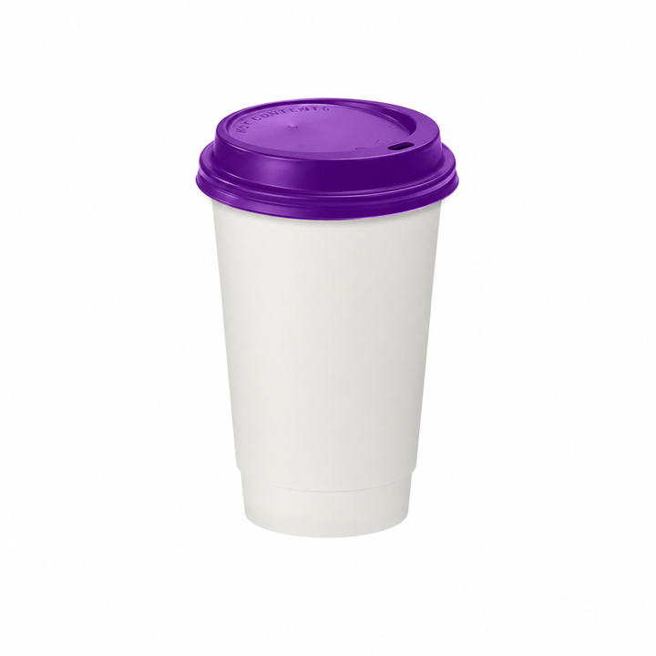 16oz - 90⌀ White Paper Double Wall Hot Cup & Purple Cup Lids (1 x 1,000)