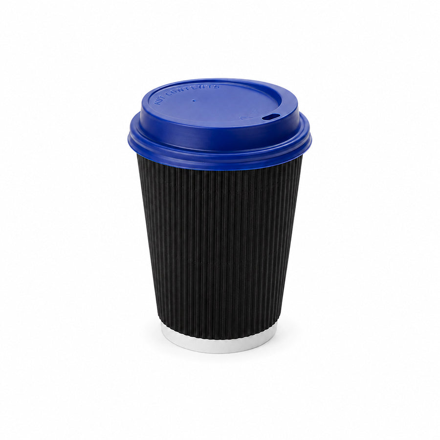 12oz - 90⌀ Black Ripple Wall Hot Cup & Blue Cup Lids (1 x 1,000)