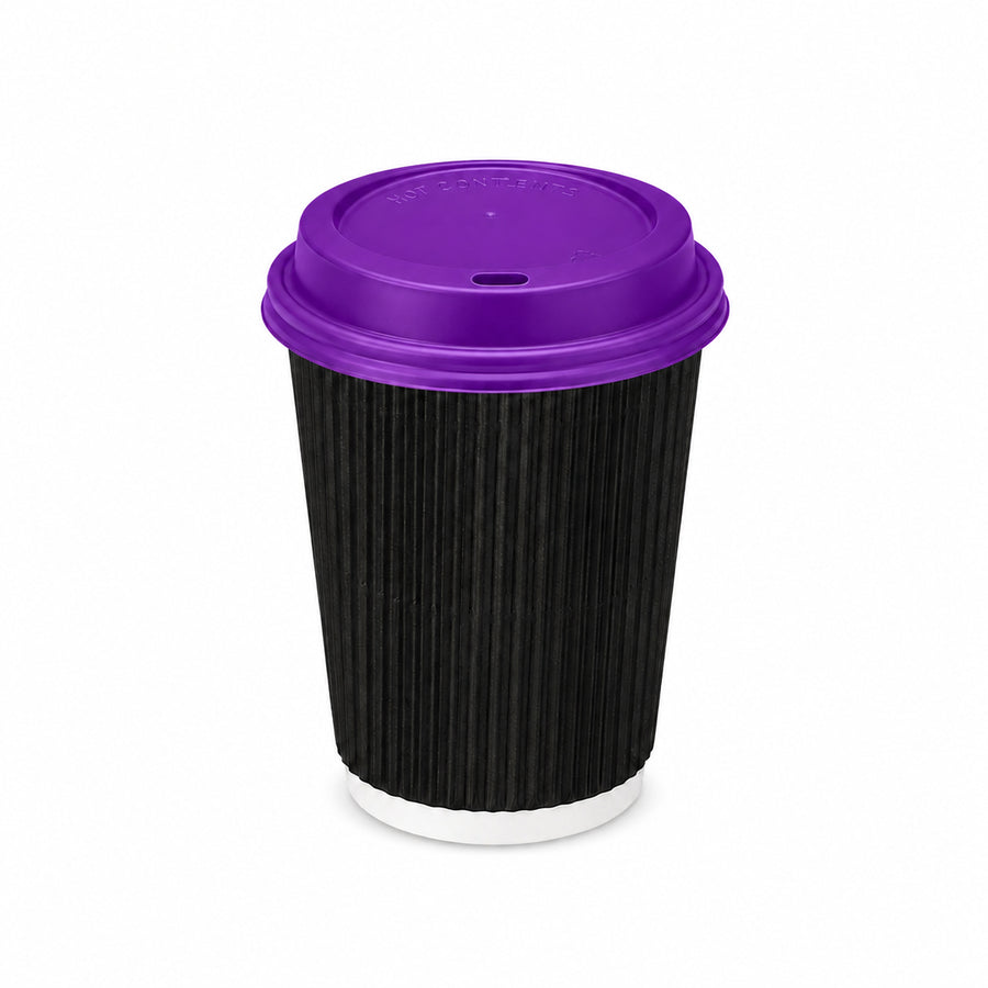 12oz - 90⌀ Black Ripple Wall Hot Cup & Purple Cup Lids (1 x 1,000)