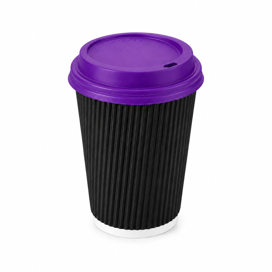 16oz - 90⌀ Black Ripple Wall Hot Cup & Purple Cup Lids (1 x 1,000)