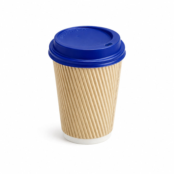 12oz - 90⌀ Kraft Ripple Wall Hot Cup & Blue Cup Lids (1 x 1,000)