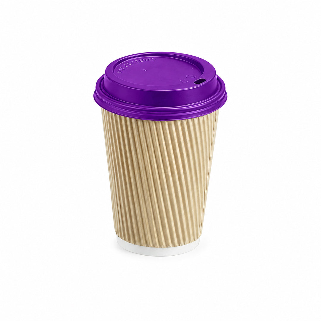 12oz - 90⌀ Kraft Ripple Wall Hot Cup & Purple Cup Lids (1 x 1,000)
