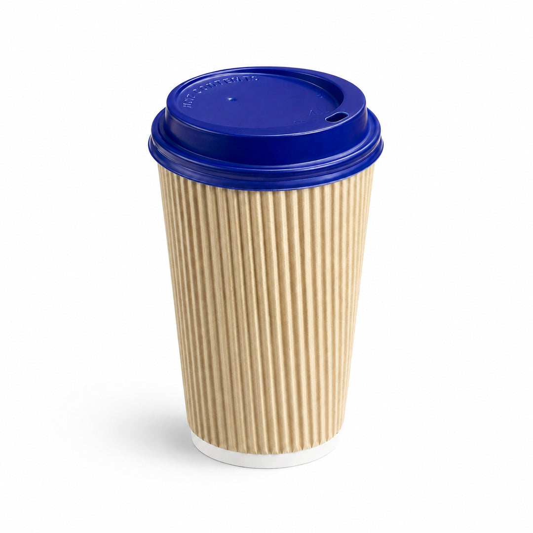 16oz - 90⌀ Kraft Ripple Wall Hot Cup & Blue Cup Lids (1 x 1,000)